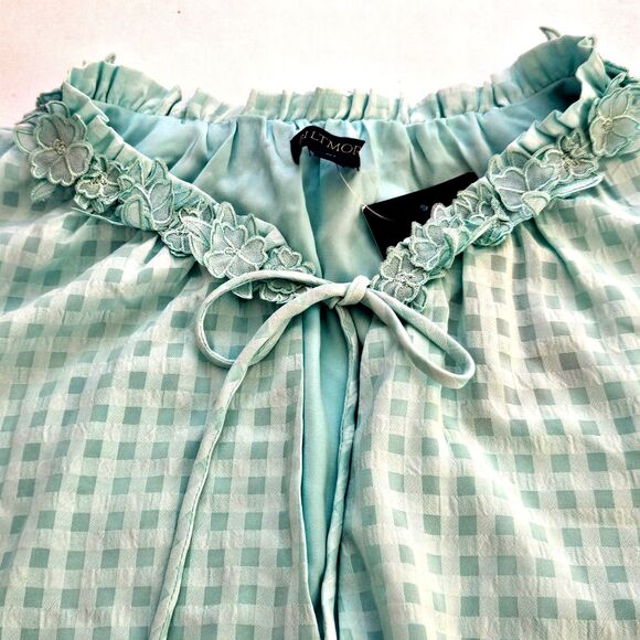 Biltmore Nightgown Womens Medium Aqua Checks Neckline w/ Net Flowers Lined - Picture 10 of 12